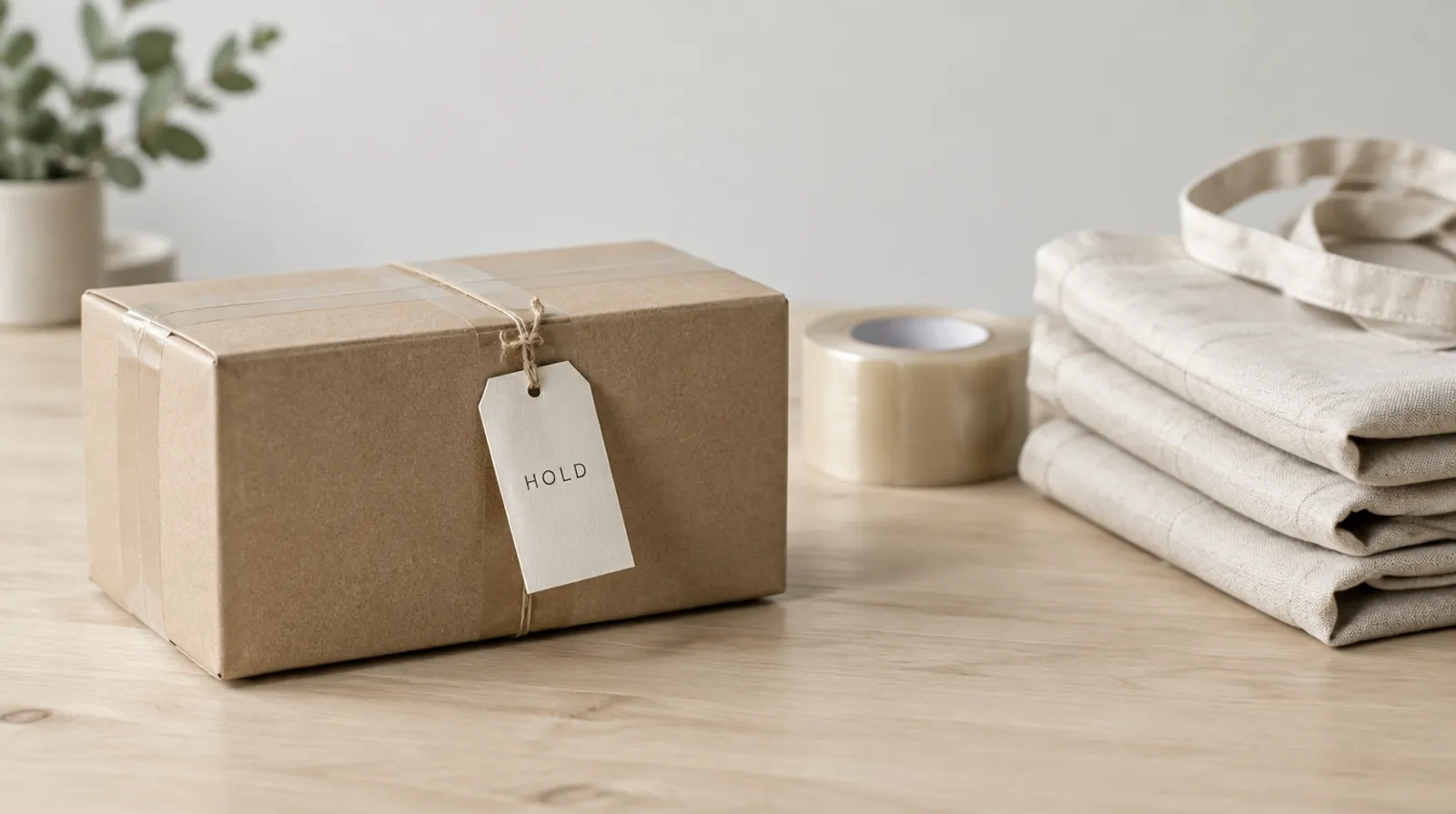 A sealed parcel on a packing bench with a paper tag reading HOLD, next to folded tote bags