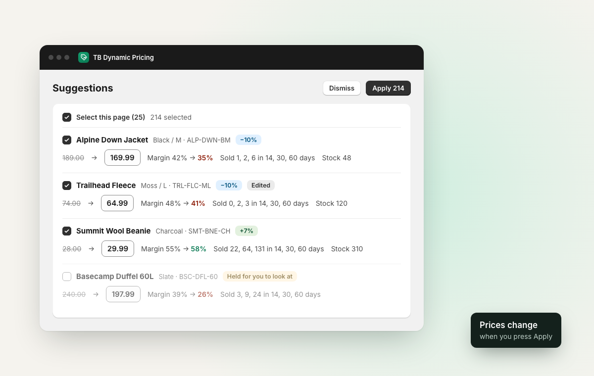 Price suggestions with sales and margin per row, several selected to apply together