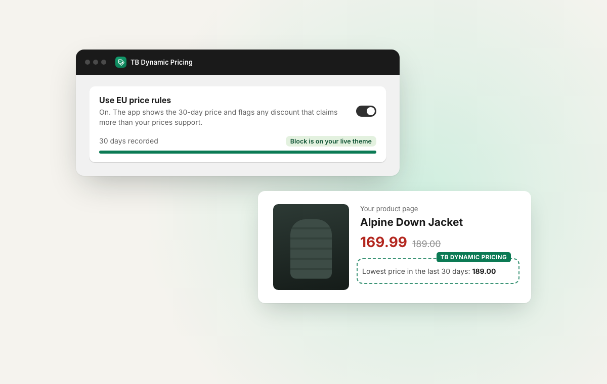 EU price rules switched on, and the 30-day price shown on a product page