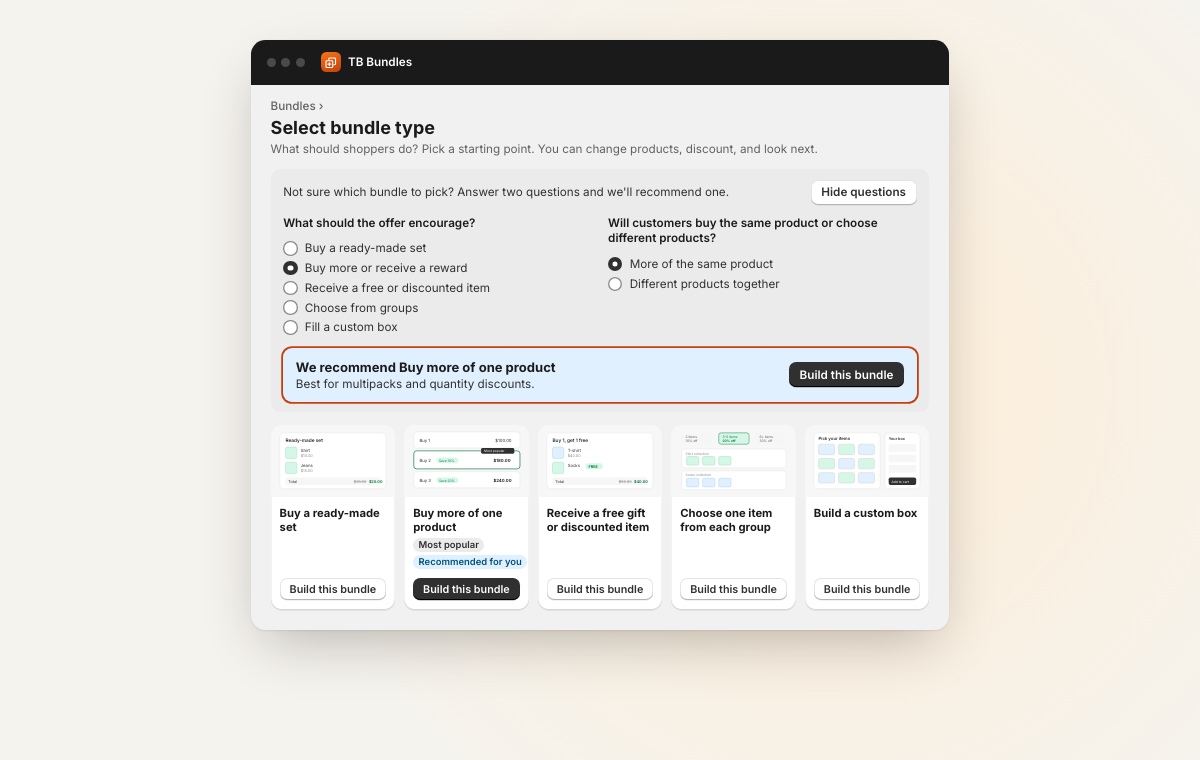 Select bundle type with Help me choose open, two questions answered, and Buy more of one product recommended