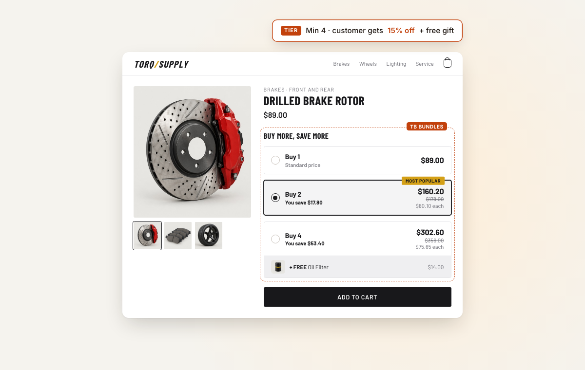 Quantity breaks on an auto parts product page: buy 1, buy 2 marked most popular, and buy 4 with a free oil filter