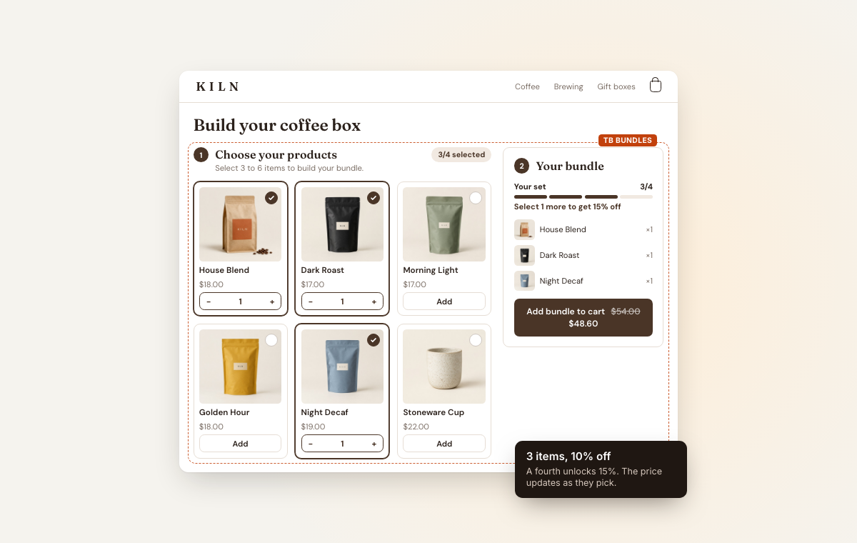 A build your own coffee box with three of four picks made and a note that one more unlocks 15% off