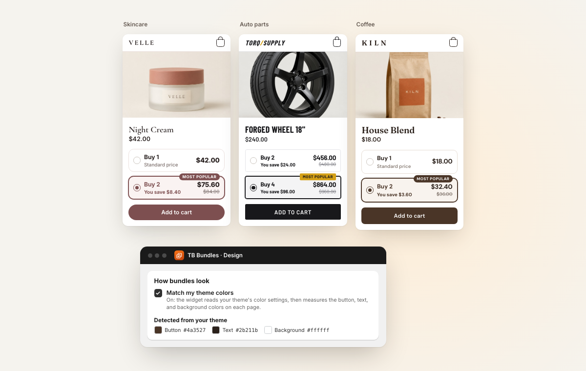 The same quantity breaks widget on a skincare, an auto parts and a coffee store, each in its own colours and fonts, above Match my theme colors